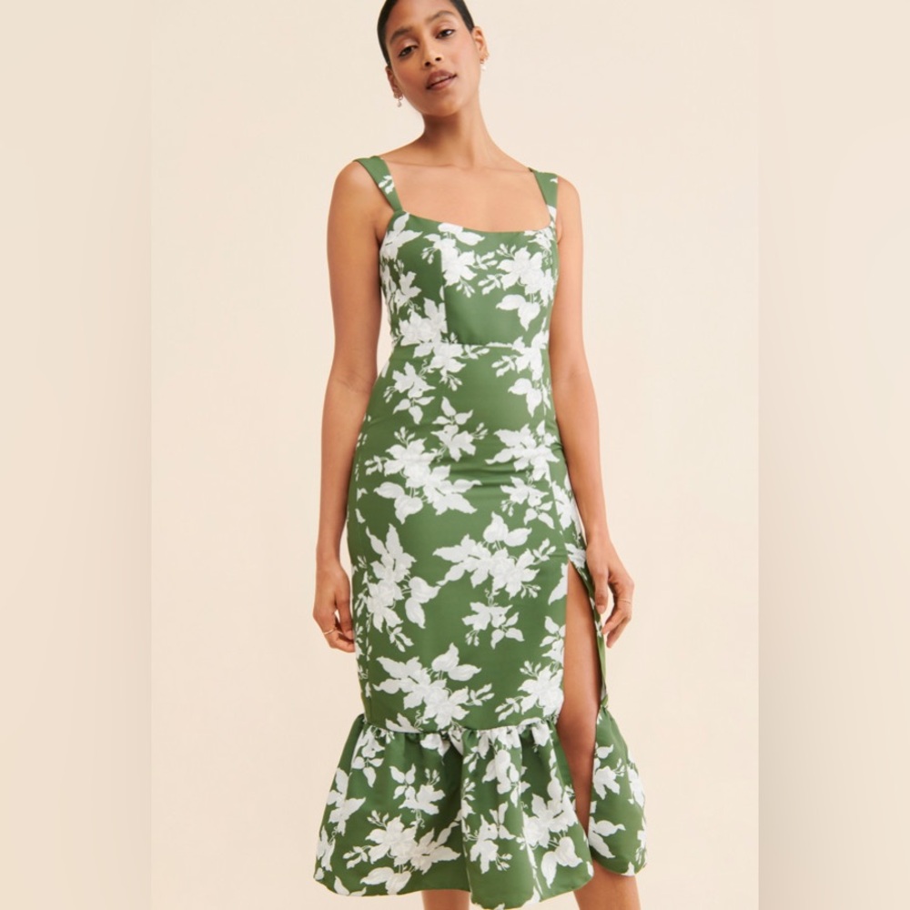 Sachin & Babi Laura Midi Dress Green White Floral Ruffle Sleeveless Size 6